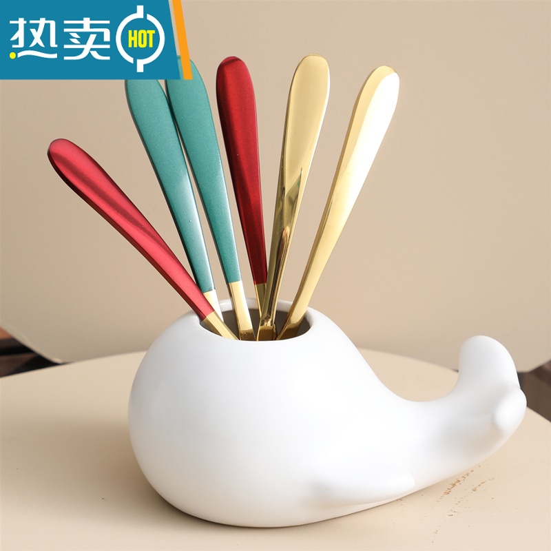 敬平鲸鱼水果叉签果插陶瓷套装不锈钢创意时尚家用甜品叉点心叉蛋糕叉 小鲸鱼-蓝色牙签高清大图