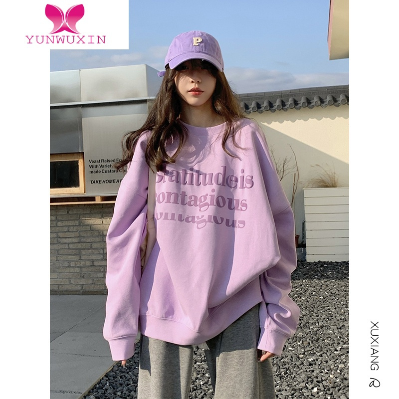 YUNWUXINoversize紫色无帽正肩卫衣女秋装2022年新款宽松外套上衣山东即墨