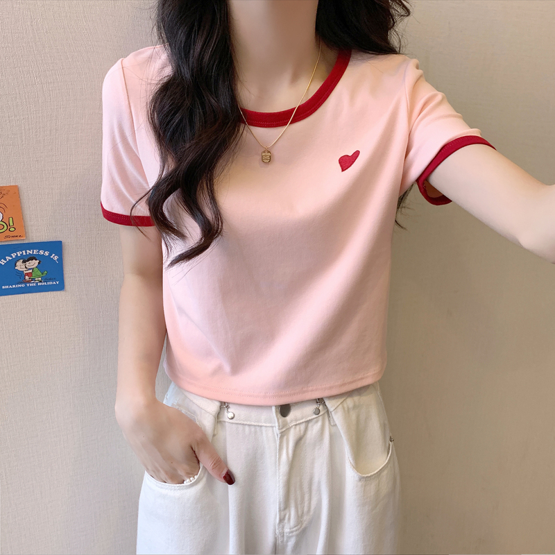 [1.5折价30元]撞色圆领短袖T恤女短款唐狮夏季新款粉色内搭小衫韩版ins风x