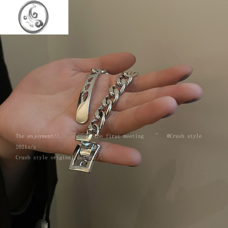 JiMi银色粗链条皮带扣手链女ins冷淡风设计感简约气质小众古巴链手饰