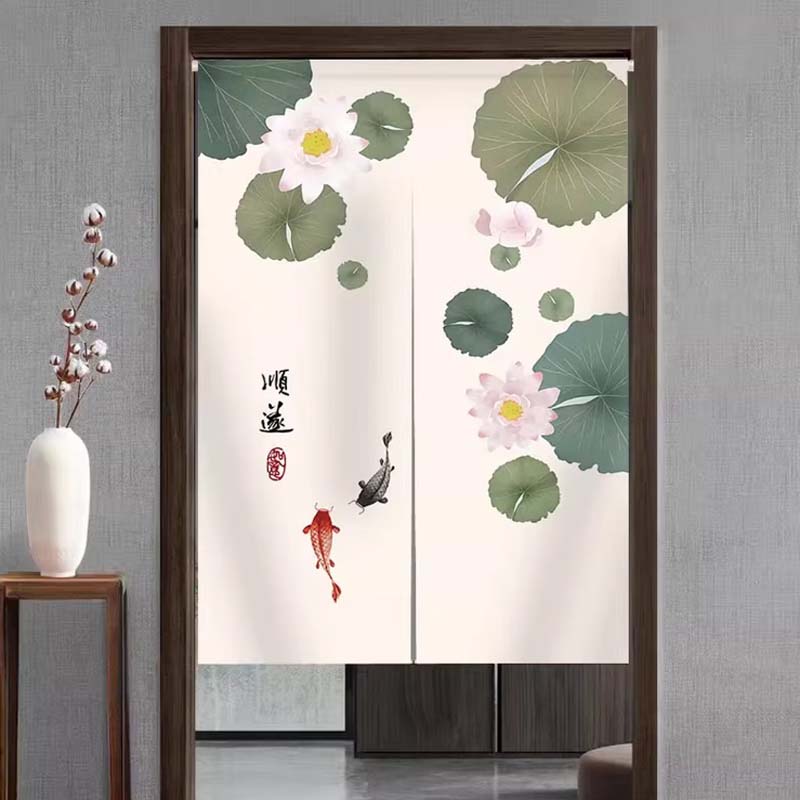 花仟陌中式家用遮挡门帘卧室卫生间隐私隔断帘厨房防油烟布帘免打孔半帘中式HK05横宽83cm*竖高140cm高清大图