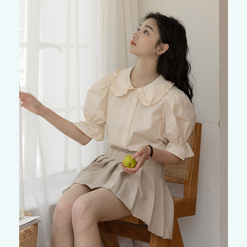 2022夏季新款韩版小清新花边重工纽扣娃娃领衬衫上衣女