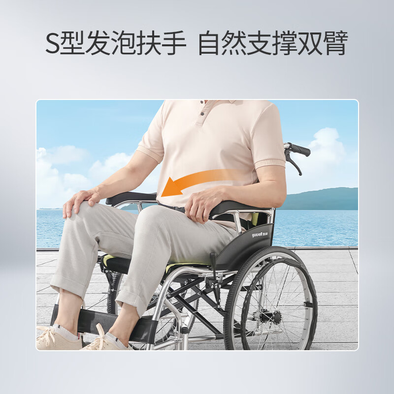 鱼跃轮椅H061C铝合金折背免充气轻便老人残疾人手动轮椅车升级分压式坐垫高清大图
