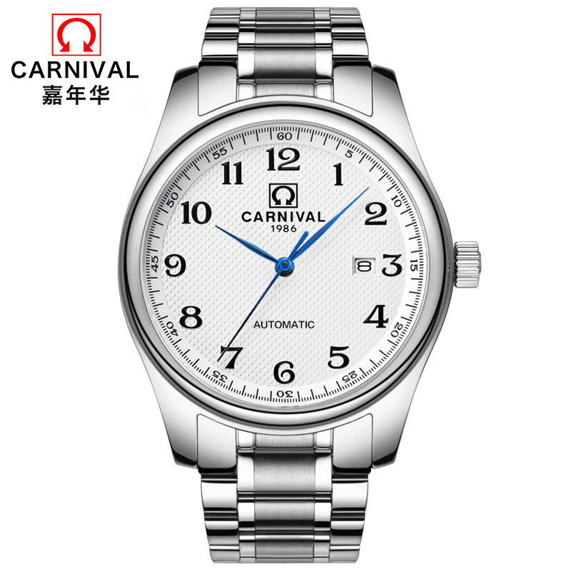 瑞士嘉年华CARNIVAL手表 复古男士全自动机械表 男日历防水大三针手表休闲商务男表 精钢金属数字腕表8828G机械表高清大图