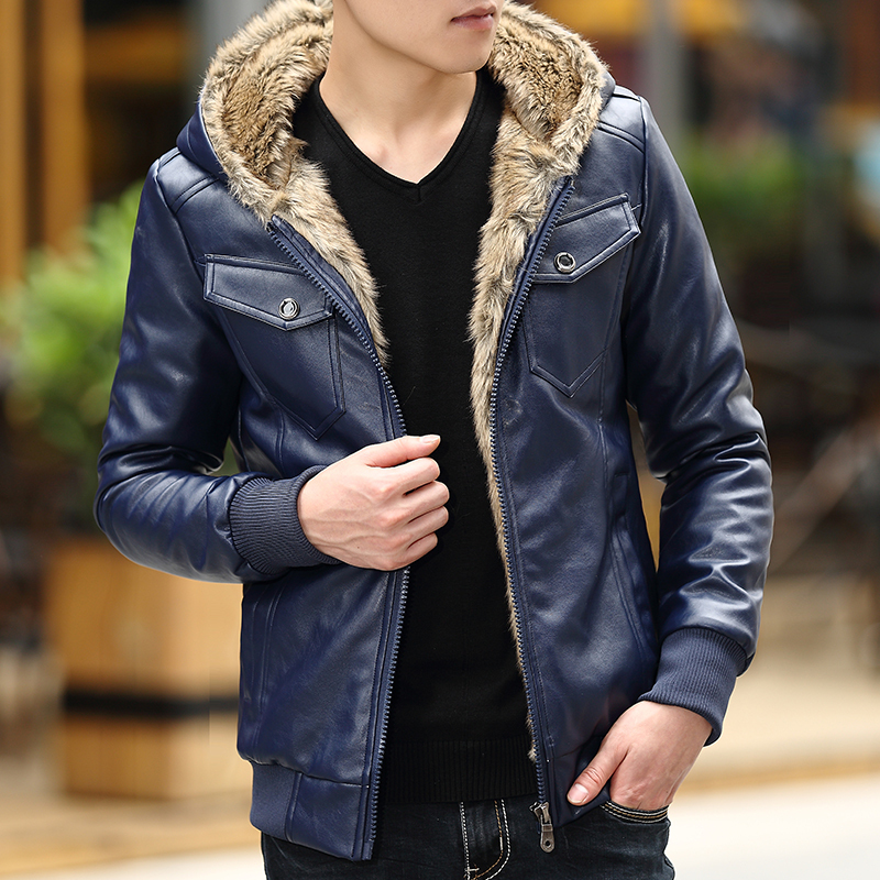 newlake皮夹克男秋冬季男士皮衣连帽韩版潮流加绒加厚青少年带帽外套