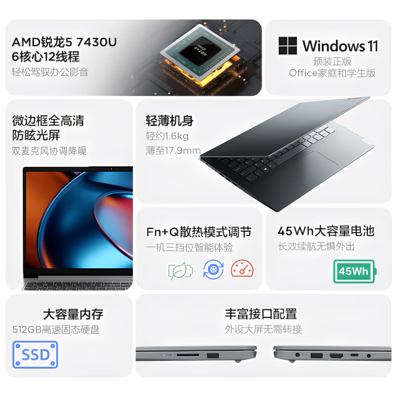 联想(Lenovo)扬天V15 15.6英寸轻薄笔记本电脑(R5-7430U 8G 512G 固态硬盘 Win11防蓝光高清屏 丰富接口)商用家用办公学习高清大图