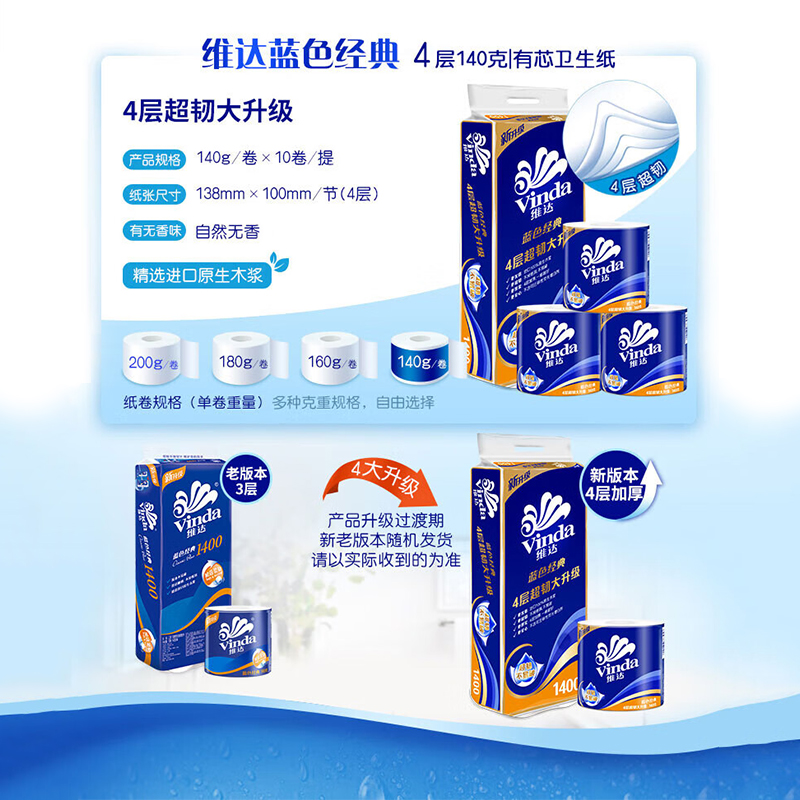 维达(vinda)卷纸蓝色经典 140克×10卷 4层加厚 卫生卷筒纸纸巾 V4069高清大图