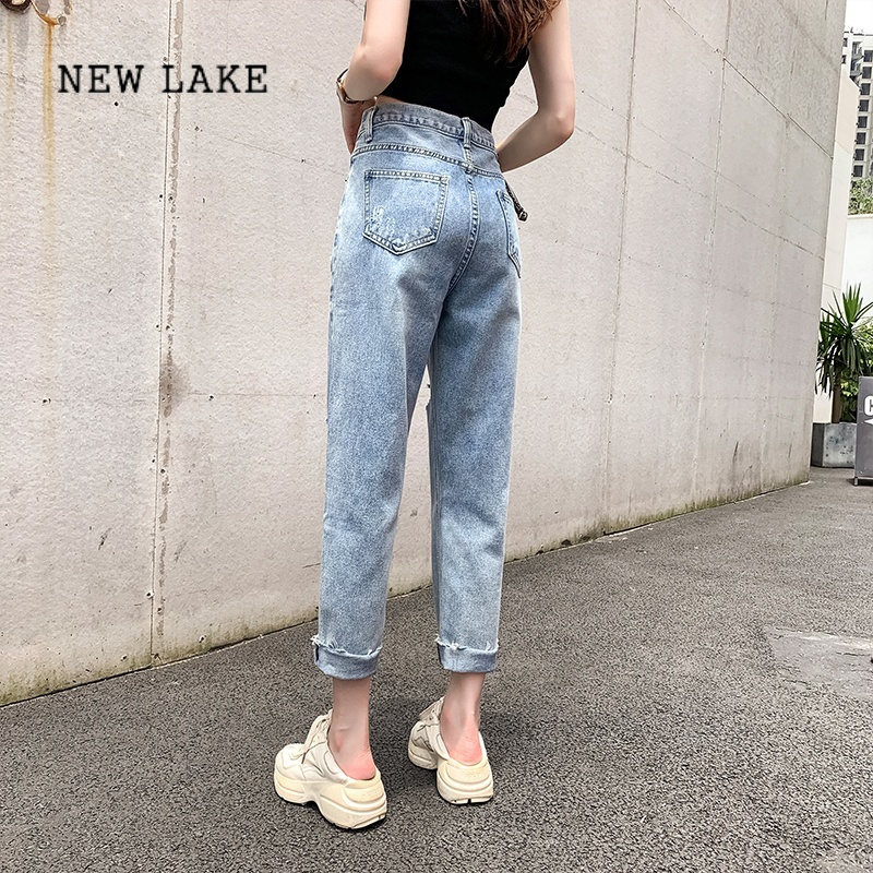 NEW LAKE破洞牛仔裤女2024春夏季新款高腰直筒大码胖mm宽松显瘦九分老爹裤
