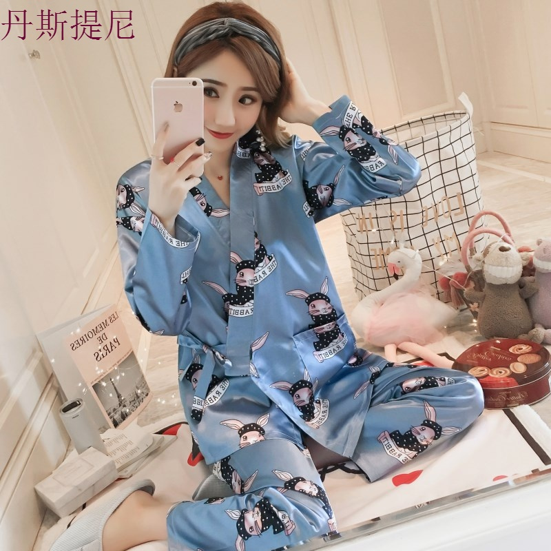 春秋季和服睡衣女夏长袖冰丝薄款家居服女韩版甜美可爱可外穿套装