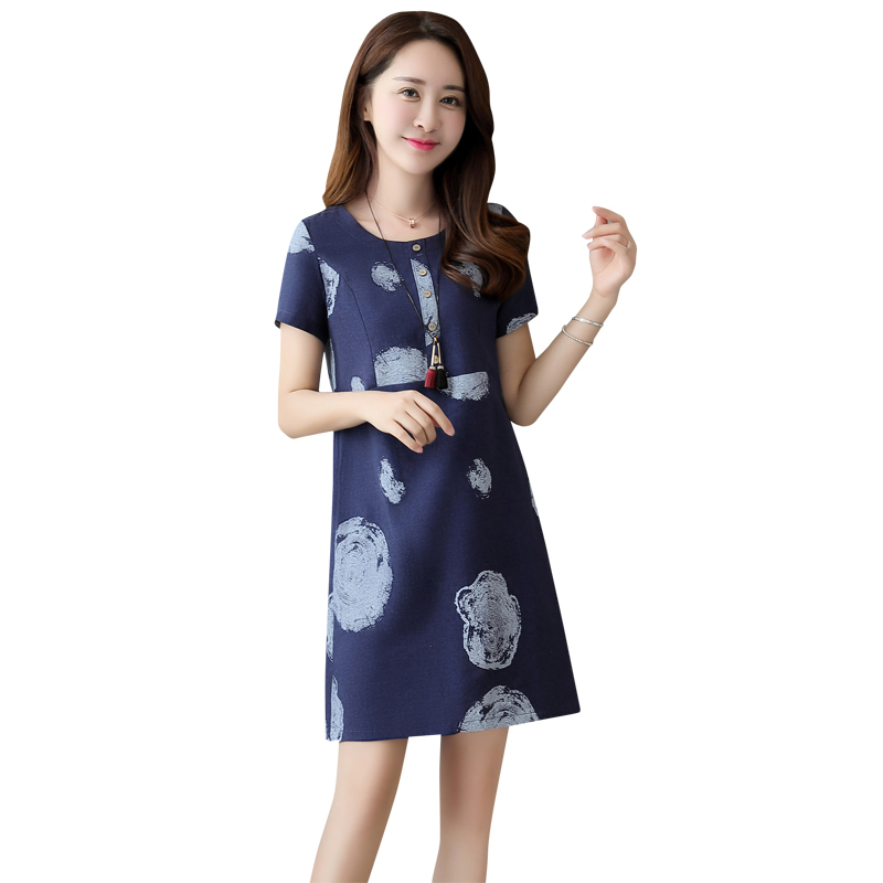 连衣裙女夏女士新品甜美印花大码女装中长款宽松休闲短袖T恤裙子