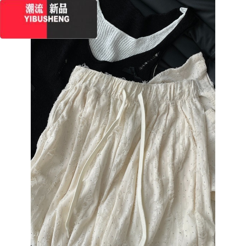 YIBUSHENG重工烫钻蕾丝阔腿裤女季2024新款高腰显瘦直筒抽绳休闲裤长裤子