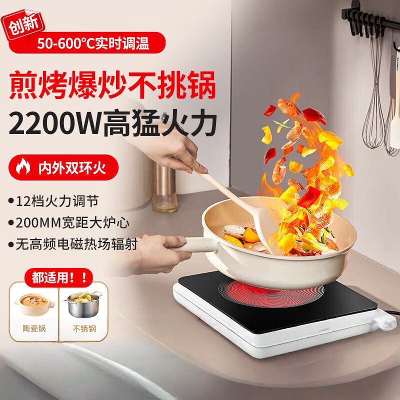 坂田釜作电陶炉电磁炉家用火锅炒锅大功率爆炒电炉灶煮茶电池炉灶 2200w大功率+围炉烤网SCL-DTL01