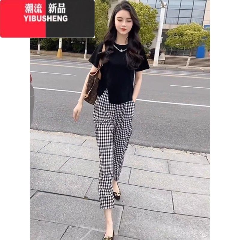 YIBUSHENG2024季新款大码显瘦哈伦休闲裤女梨型身材薄款宽松九分格子裤子