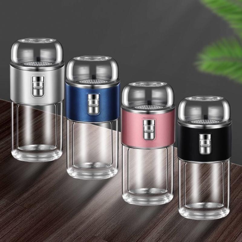 大容量400ml玻璃黑色水杯茶水分离杯高档玻璃杯旅行茶具便携泡茶杯