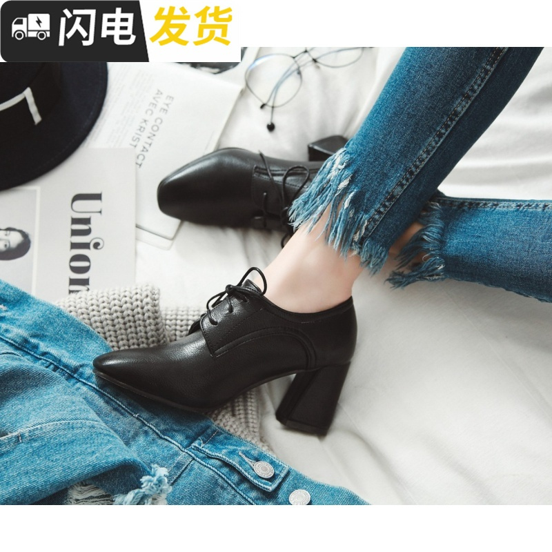 2022春季新款方头粗跟单鞋女系带高跟鞋英伦风复古小皮鞋百搭女鞋启如休闲鞋