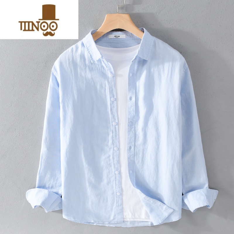 YANXU日系休闲棉麻衬衫透气深蓝色文艺简约百搭男长袖亚麻薄款宽松上衣高清大图