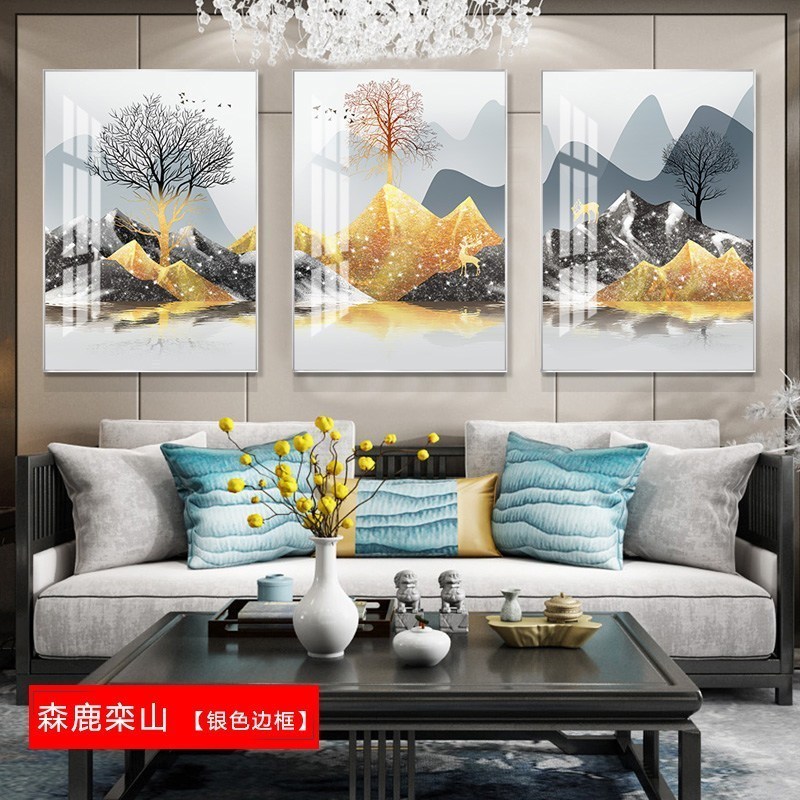 客厅装饰画沙发背景墙挂画北欧壁画三联组合轻奢麋鹿晶瓷餐厅墙画 森鹿栾山（银色边框） 70*90cm三联套装（建议_501