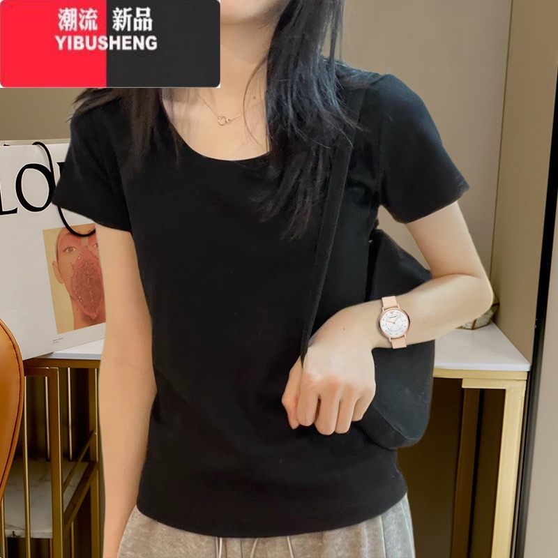 YIBUSHENG灰色短袖t恤女装2024新款正肩修身短款上衣服日多巴胺穿搭小衫
