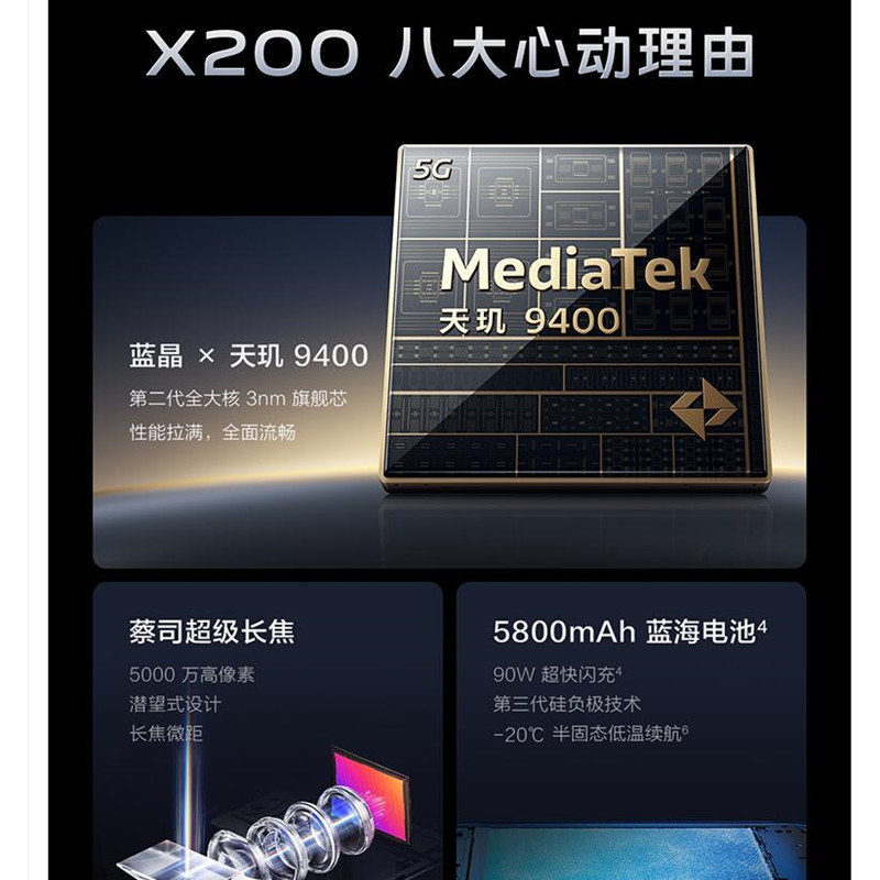 vivo X200 钛色 16GB+512GB 天玑9400芯 5G 蔡司超级长焦90W快充 5800毫安大电池 手机