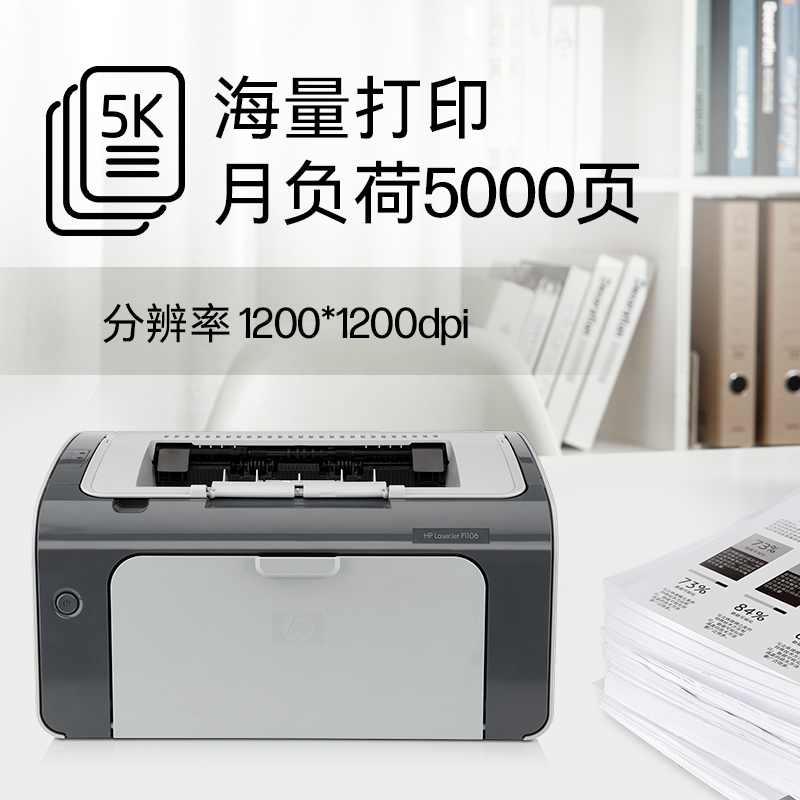 惠普(HP) LaserJet Pro P1106 黑白小型办公单功能激光打印机(打印)