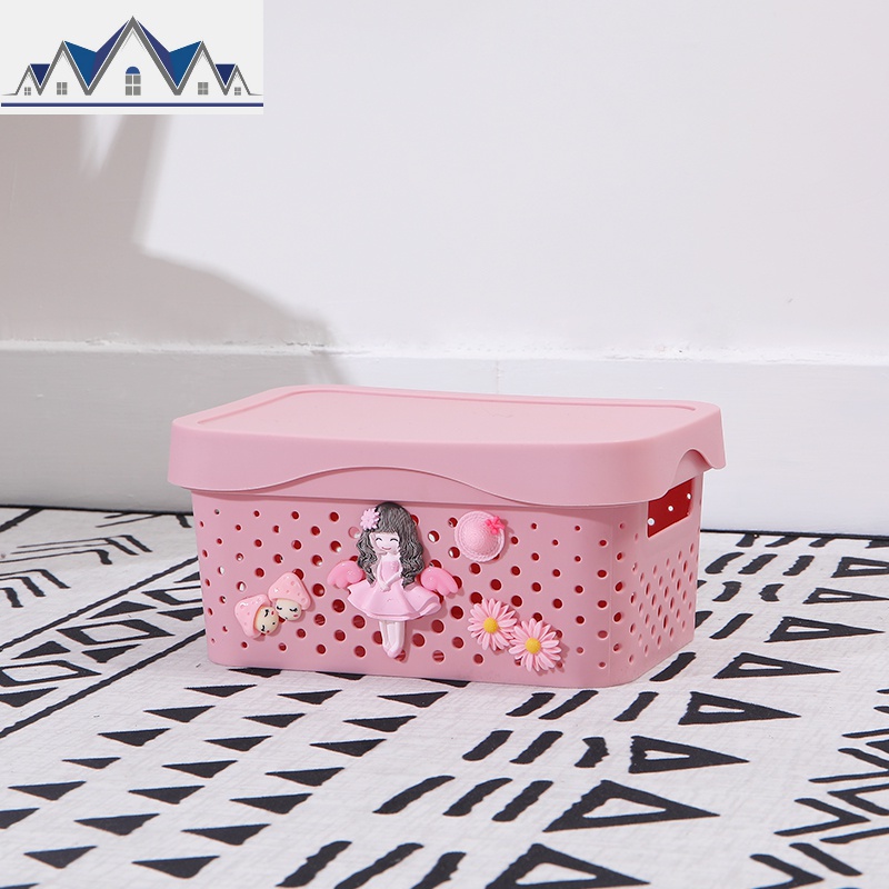 置物蓝卡通北欧儿童塑料收纳箱有盖镂空装书收纳筐杂物玩具收纳篮 三维工匠 粉色公主款小号框
