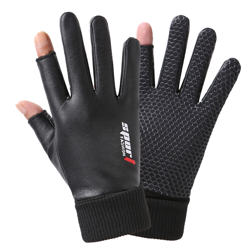 触屏皮手套男秋冬季加绒保暖骑车驾车防滑防水漏二指外卖快递员手套 SPORT黑色