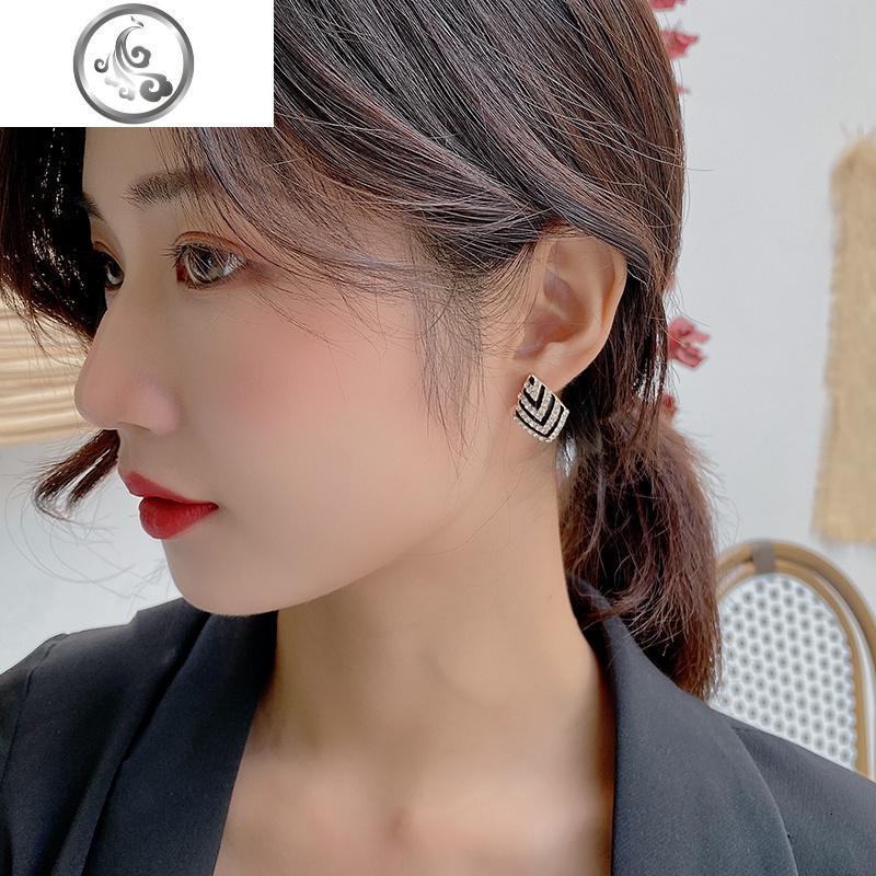 韩国圆脸显瘦耳环气质简约黑色耳钉女s925纯银针新款耳饰品jimi