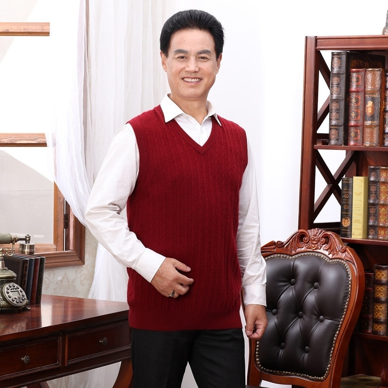 秋冬中老年人男毛背心马甲V领羊毛羊绒衫中年男士针织大码爸爸装
