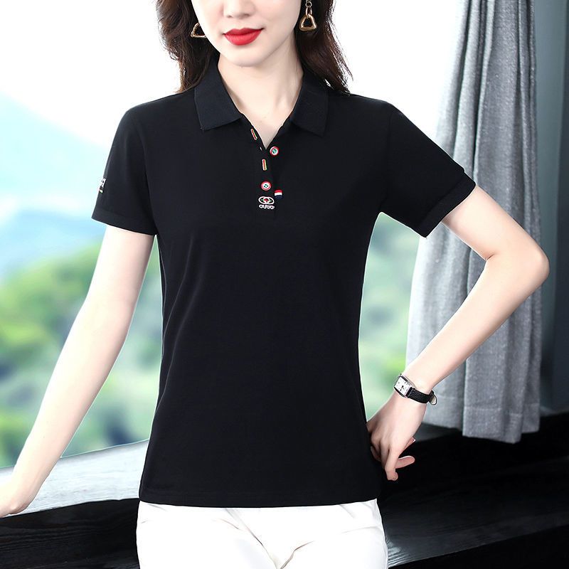 2021夏季新款女士翻领休闲上衣短袖t恤女中年有领半袖衫95棉