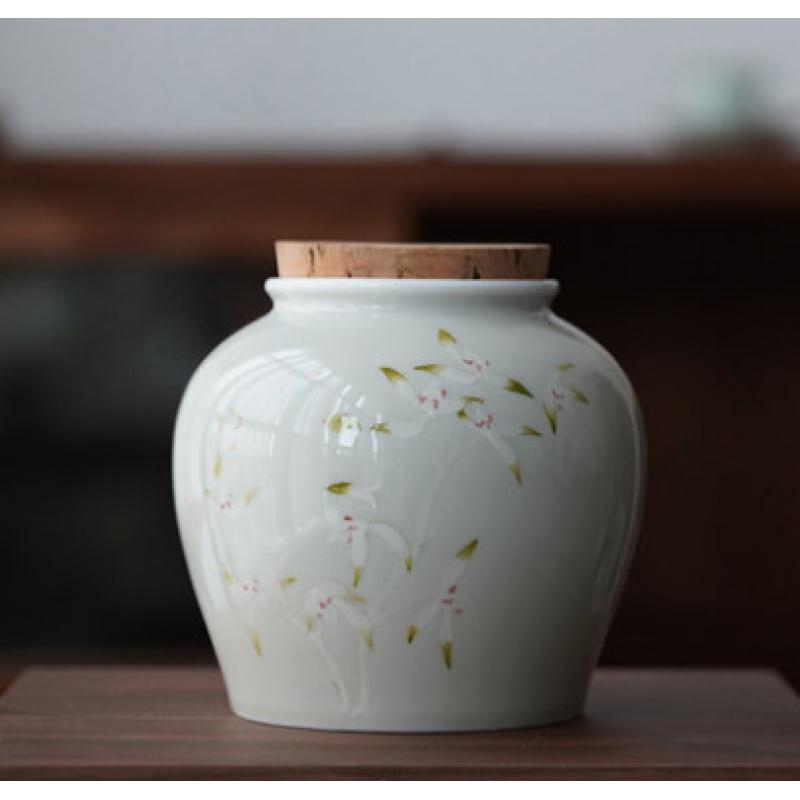 美帮汇粉彩兰花软木塞茶叶罐陶瓷密封茶罐存茶罐手绘大号茶仓茶叶储存罐高清大图