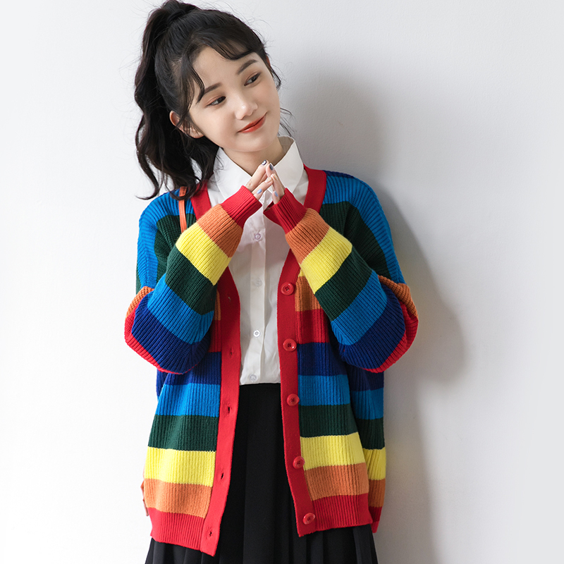 fishbasket韩国2020秋季新款彩虹毛衣外套女韩版宽松长袖套头慵懒风