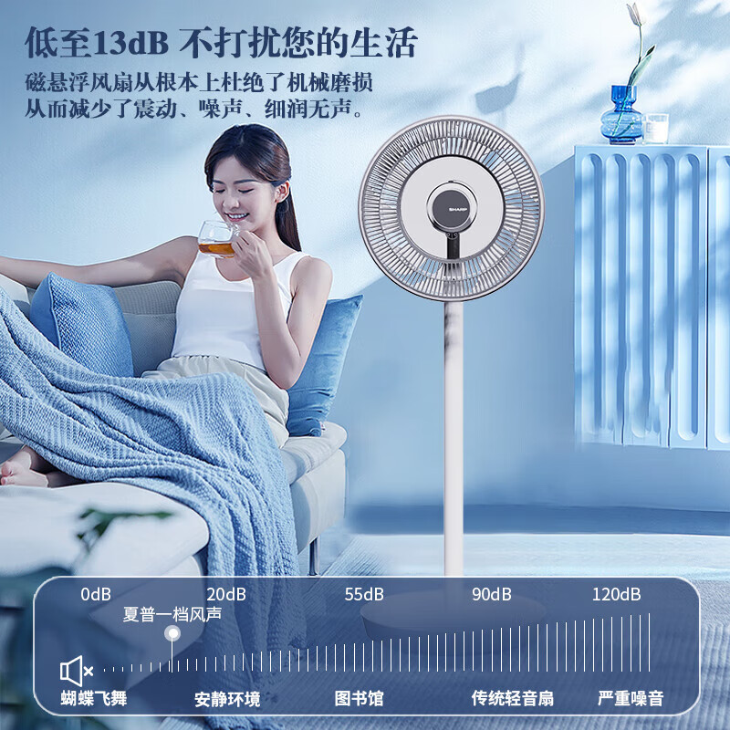 夏普(SHARP)电风扇循环扇离子净化除菌直流无刷电机悬浮换气落地扇台扇低噪轻音智能节能对流三色氛围灯PJ-FD404A
