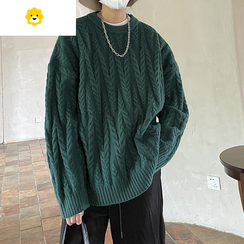fishbasket古着墨绿色毛衣男日系慵懒复古粗线麻花针织衫长袖季视频