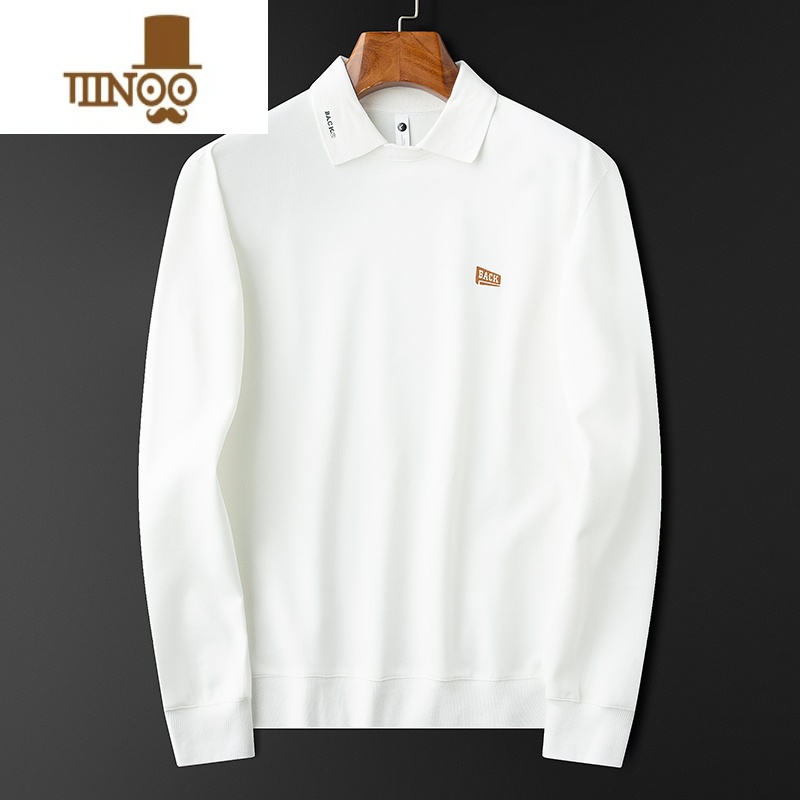 YANXU轻奢秋季薄款假衬衫领卫衣男长袖修身刺绣字母休闲白色上衣男高清大图