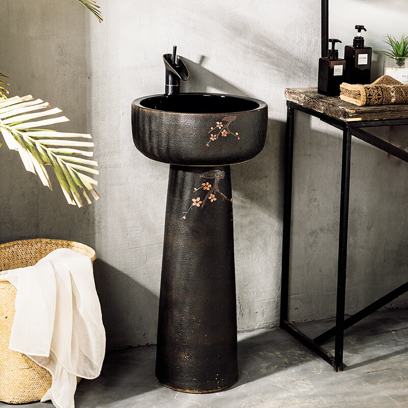 陶瓷立柱式洗脸盆室外洗手盆台盆一体庭院落地式简易洗漱盆小户型安心