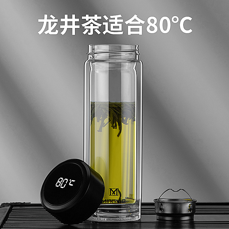 家柏饰(CORATED)智能玻璃杯男家用便携水杯创意车载茶水分离泡茶杯子女士个性潮流 [智能温显杯盖]粉色350ml高清大图