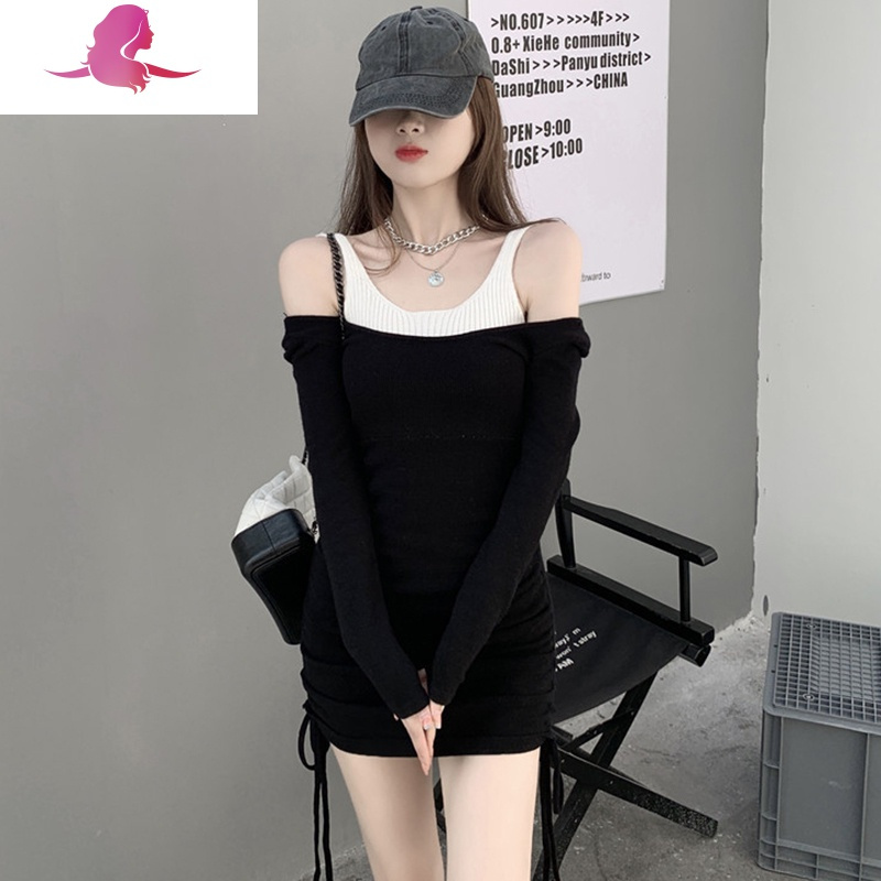艳如飞针织连衣裙女春秋季性感吊带露肩假两件心机抽绳紧身打底包臀裙子连衣裙