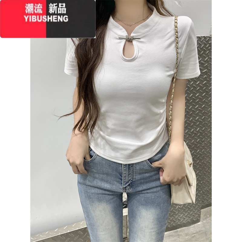 YIBUSHENG新中式中国风短袖t恤女2024季黑色小个子古风修身盘扣短款上N高清大图
