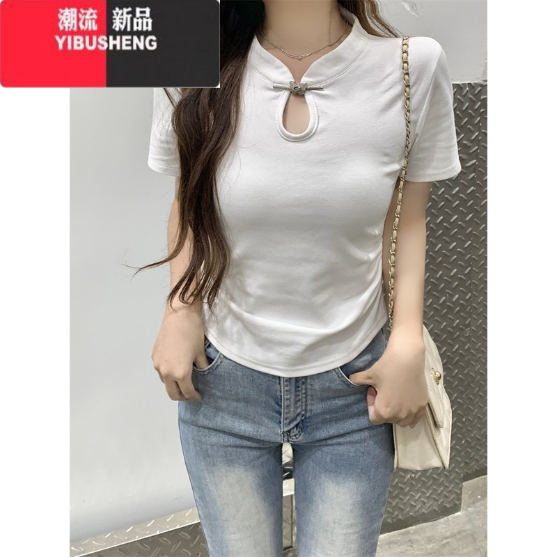 YIBUSHENG新中式中国风短袖t恤女2024季黑色小个子古风修身盘扣短款上衣