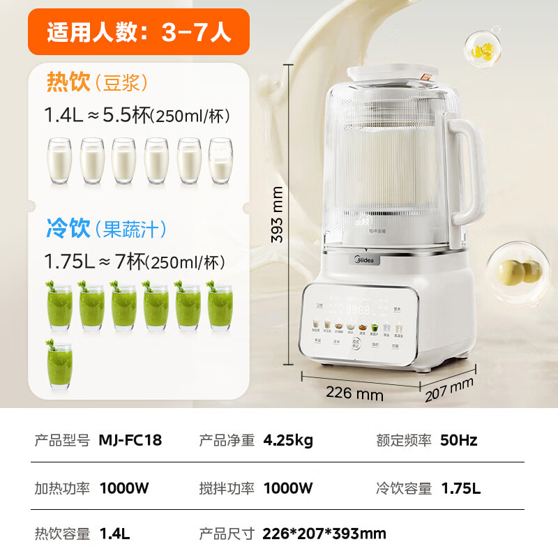 美的(Midea)破壁料理机MJ-FC18变频破壁机1.75大容量家用多功能豆浆烹饪机榨汁低音料理机豆浆机高清大图