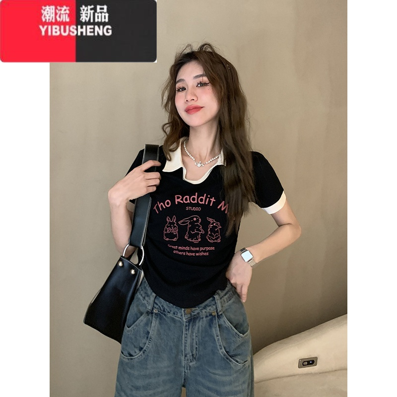 YIBUSHENGPOLO领T恤女季2024新款黑色印花打底衫修身百搭简约短袖上衣ins
