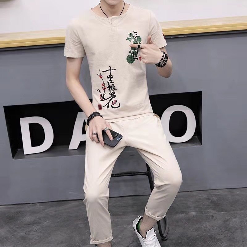 夏季中国风亚麻套装男潮休闲棉麻短袖t恤男士唐装禅服男装衣服