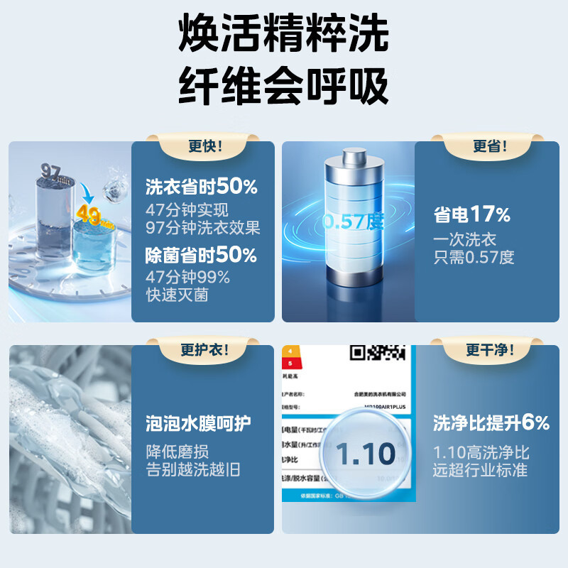美的10KG滚筒洗衣机全自动 大容量洗烘一体机升级智投 焕活精粹洗 超薄自由嵌 一级能效 MD100AIR1PLUS