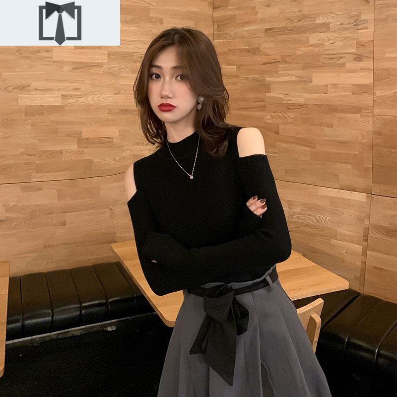 SUNTEK开肩上衣女半高领打底衫紧身显瘦韩版露肩针织衫长袖女毛衣春秋潮毛衣