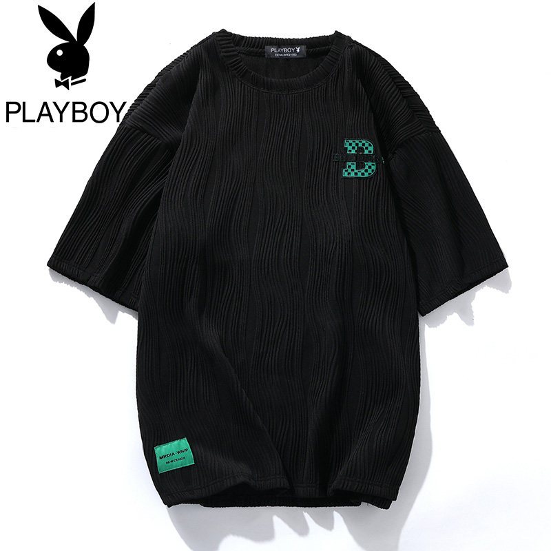 花花公子夏季潮牌字母印花圆领短袖T恤男潮牌宽松休闲青年体恤男