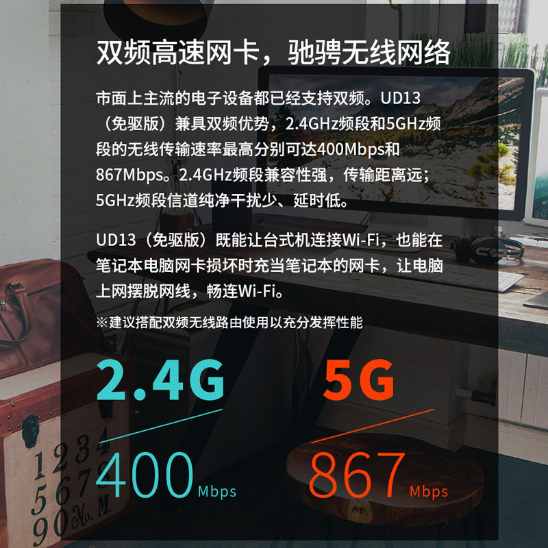 水星(MERCURY)UD13免驱版 1300M USB无线上网卡 千兆5G双频台式机笔记本电脑 随身wifi接收器发射高清大图