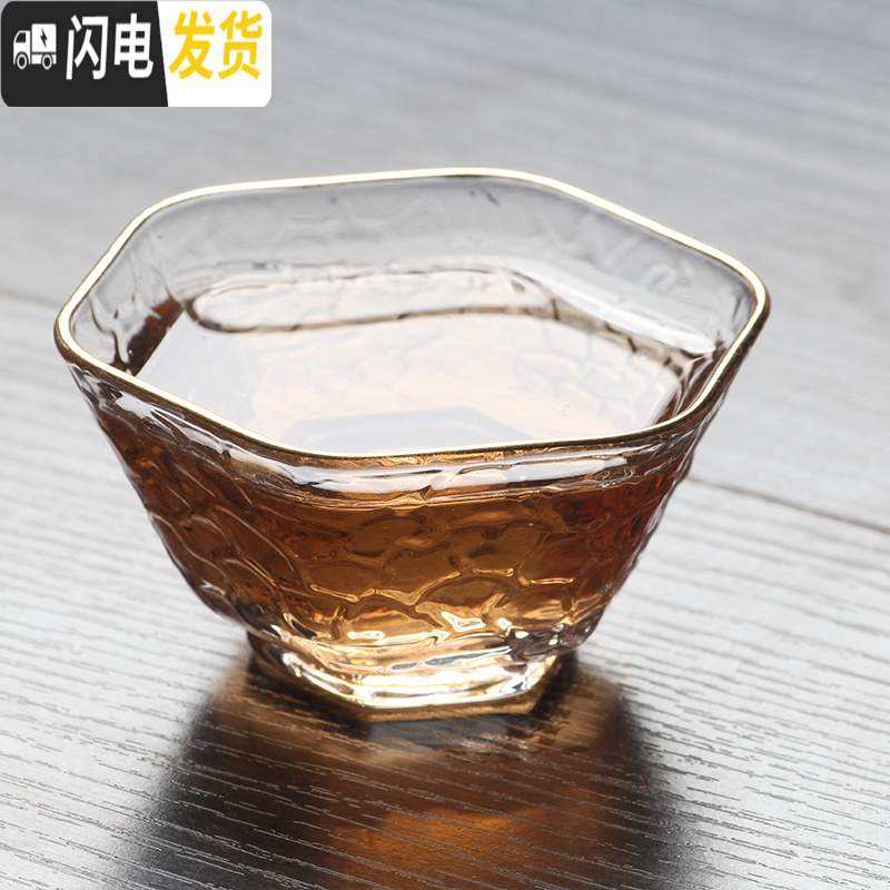 三维工匠日式锤纹玻璃小杯茶杯单杯茶碗品茗杯主人耐热杯功夫茶具配件茶杯 条纹斗笠杯描金约70透明玻璃高清大图
