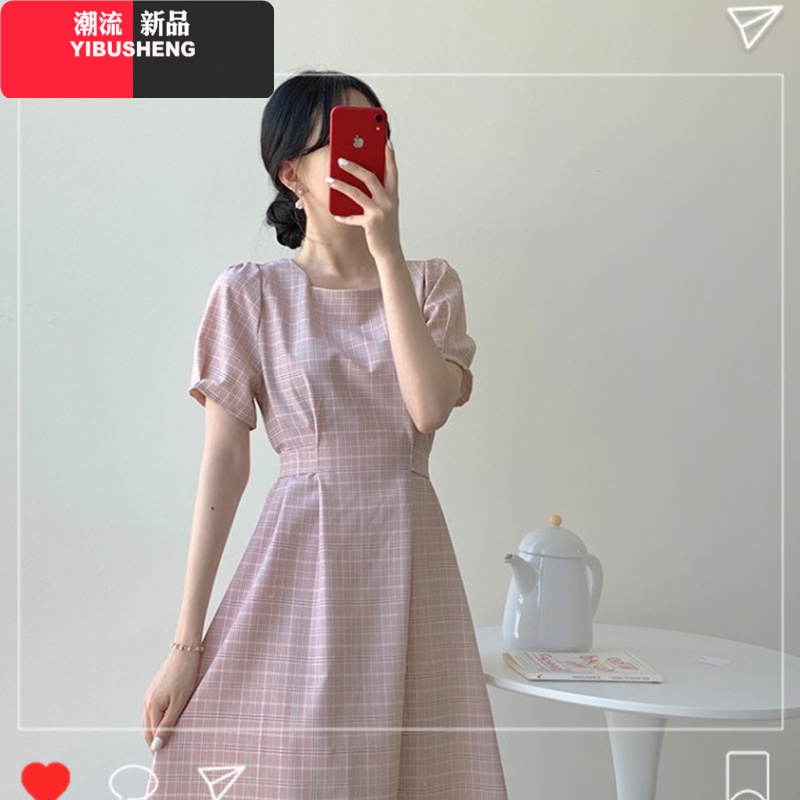 YIBUSHENG夏季2021年新款大码女装胖mm茶歇桔梗法式方领连衣裙子设计感小众高清大图