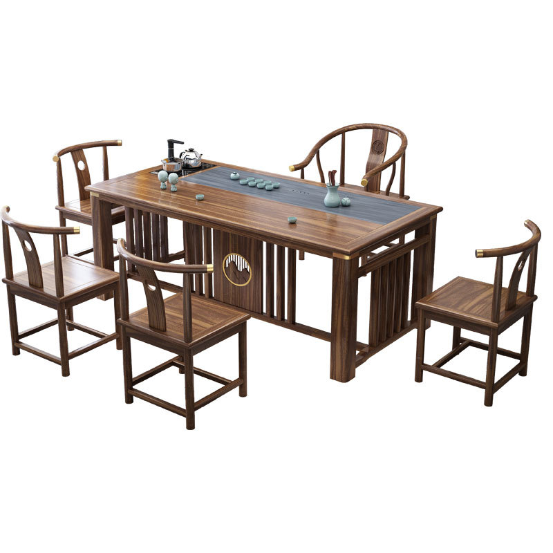 绵冠新中式实木茶桌椅组合现代原木功夫茶几家用办公泡茶老榆木茶艺桌高清大图
