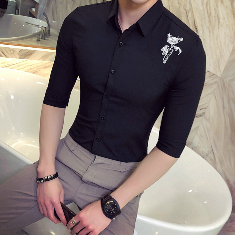 夜店型师方领免中袖衬衫青年商务休闲七分袖男士修身寸衫男上衣